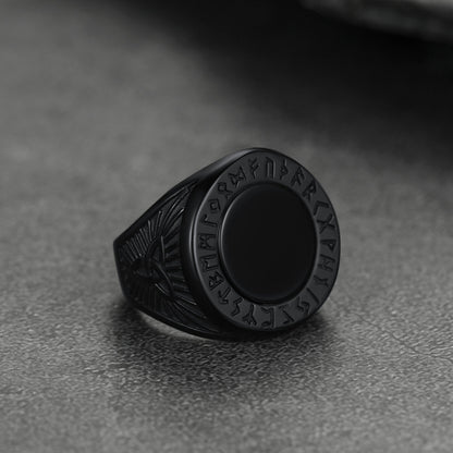 Black Onyx Signet Ring with Viking Runes for Men
