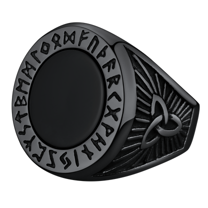 Black Onyx Signet Ring with Viking Runes for Men