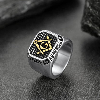 Square Masonic Signet Ring with Runes for Men
