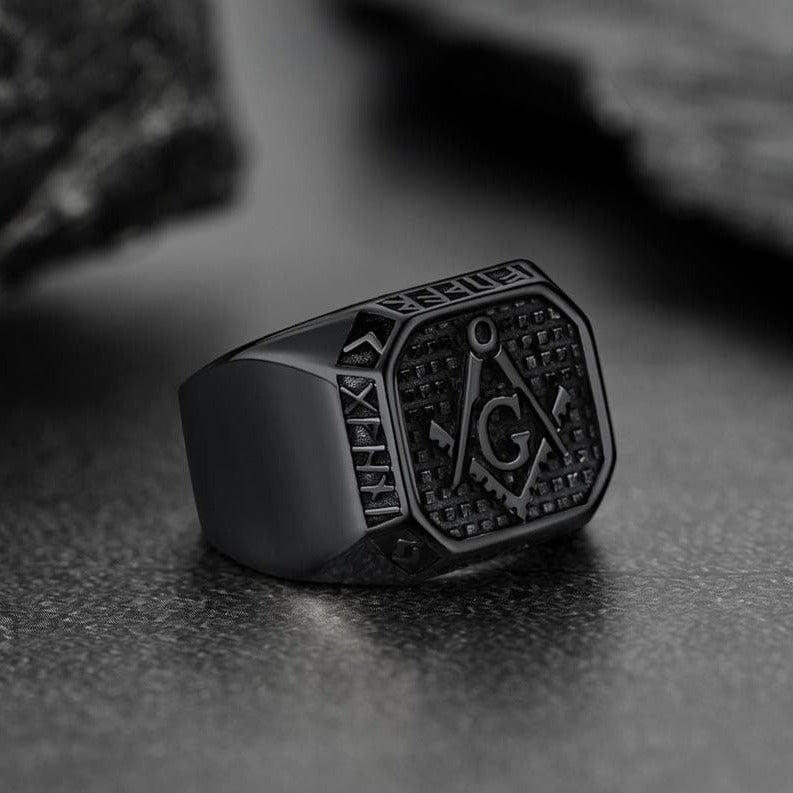 Square Masonic Signet Ring with Runes for Men