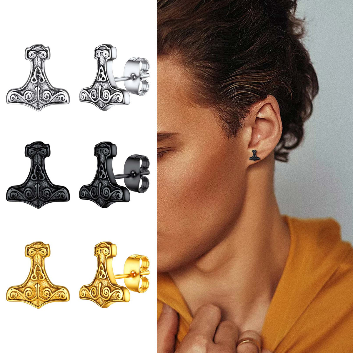 Viking Thor's Hammer Stud Earrings Amulet Jewelry for Men