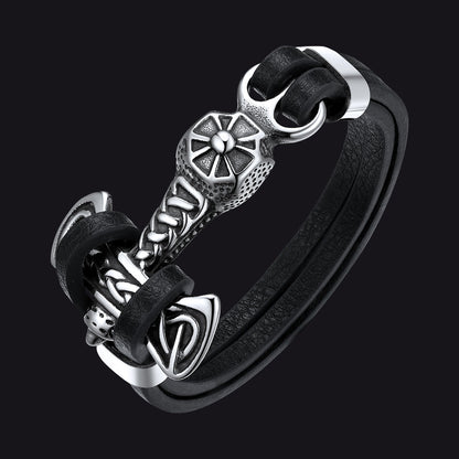 Viking Mjolnir Thor's Hammer Leather Bracelet for Men