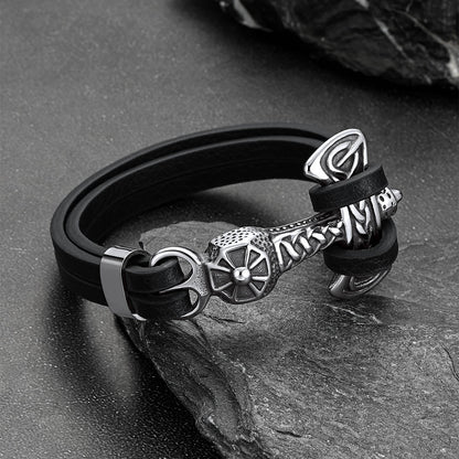 Viking Mjolnir Thor's Hammer Leather Bracelet for Men