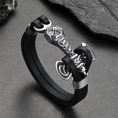 Viking Mjolnir Thor's Hammer Leather Bracelet for Men