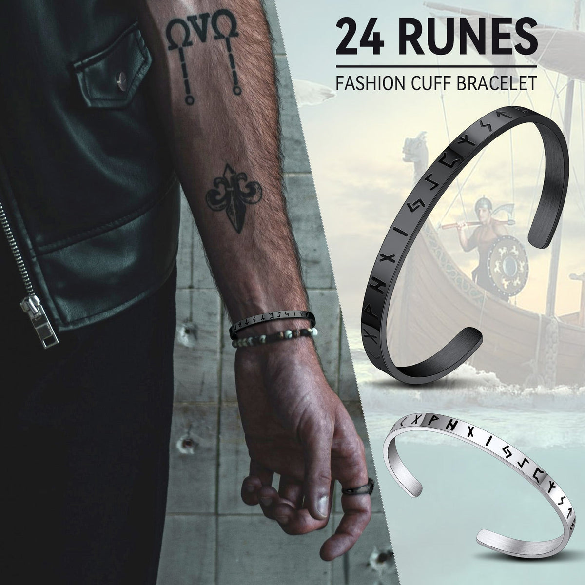 Norse Viking Runes Bangle Cuff Bracelet For Men