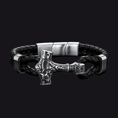 Viking Thor's Hammer Mjolnir Braided Leather Bracelet Gift For Men