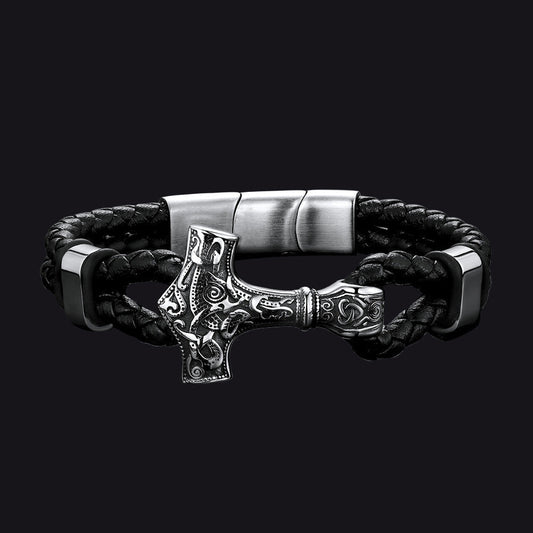 Viking Thor's Hammer Mjolnir Braided Leather Bracelet Gift For Men