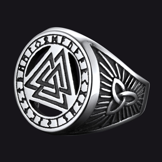Viking Rune Valknut Signet Ring With Celtic Knot