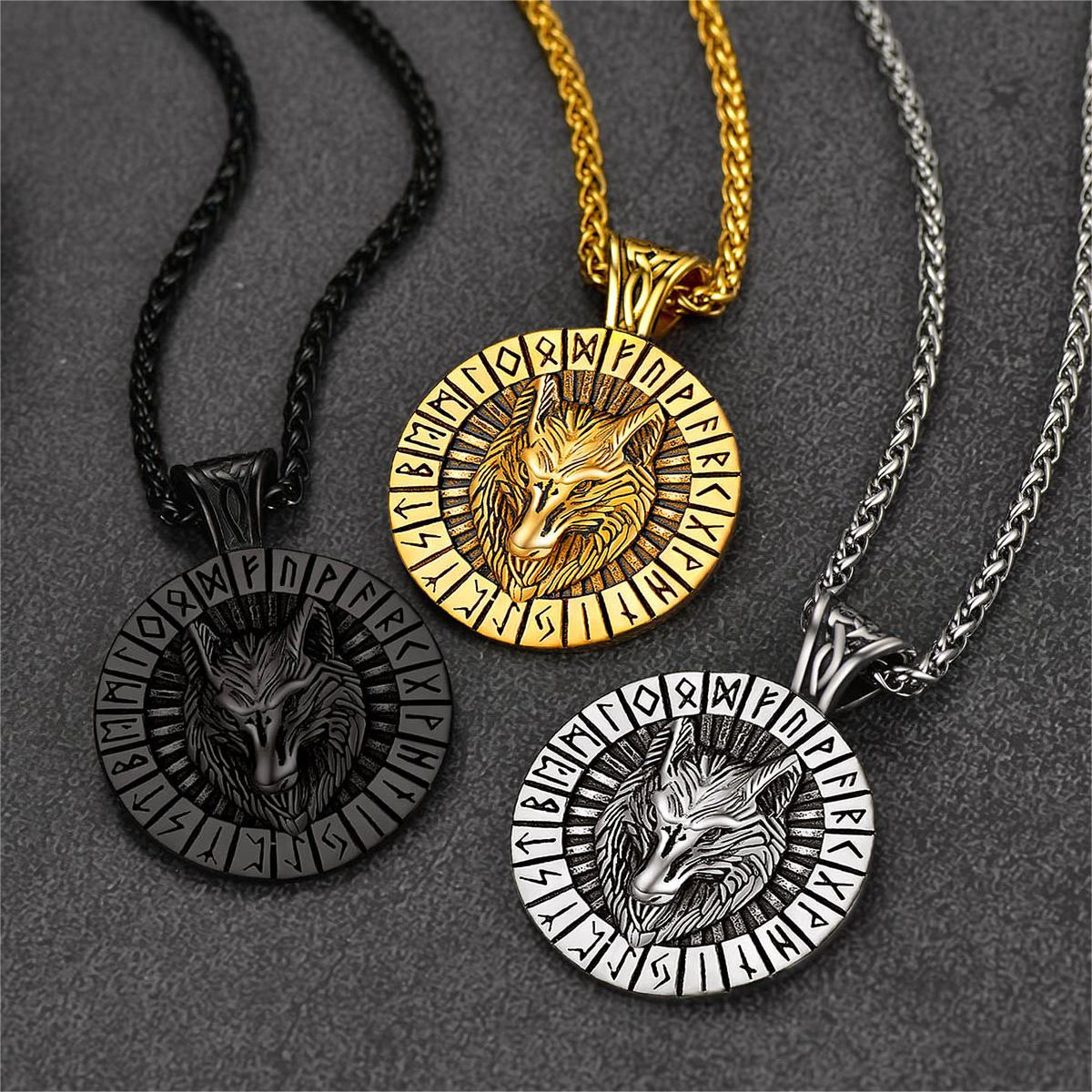 Viking Wolf Medal Necklace With Runes Jewelry For Men