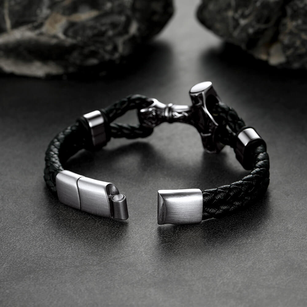 Viking Thor's Hammer Mjolnir Braided Leather Bracelet Gift For Men