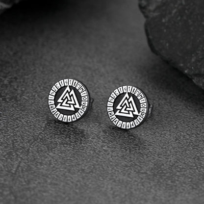 Viking Valknut Black Stud Earrings For Men With Runes