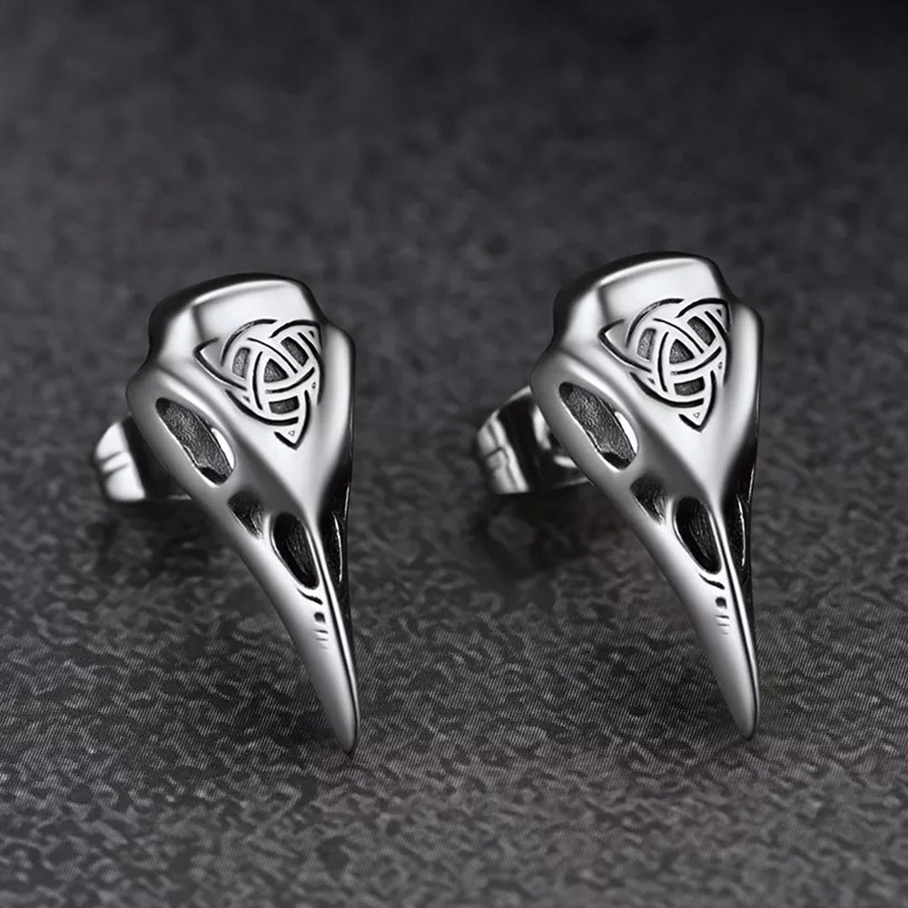 Viking Raven Skull Earrings Studs With Celtic Knot For Men