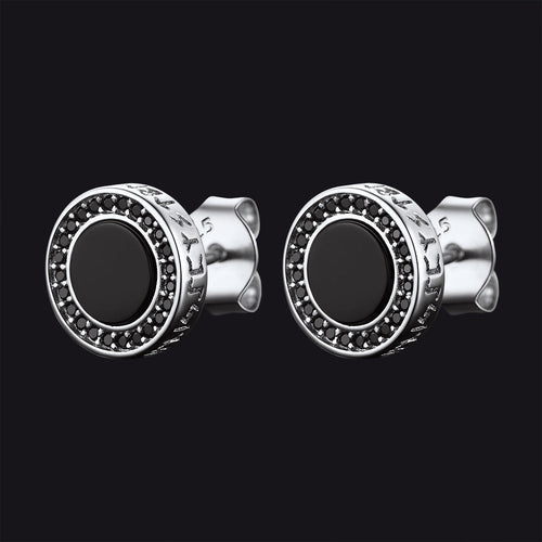 Viking Rune Black Onyx Stud Earrings in Sterling Silver for Men