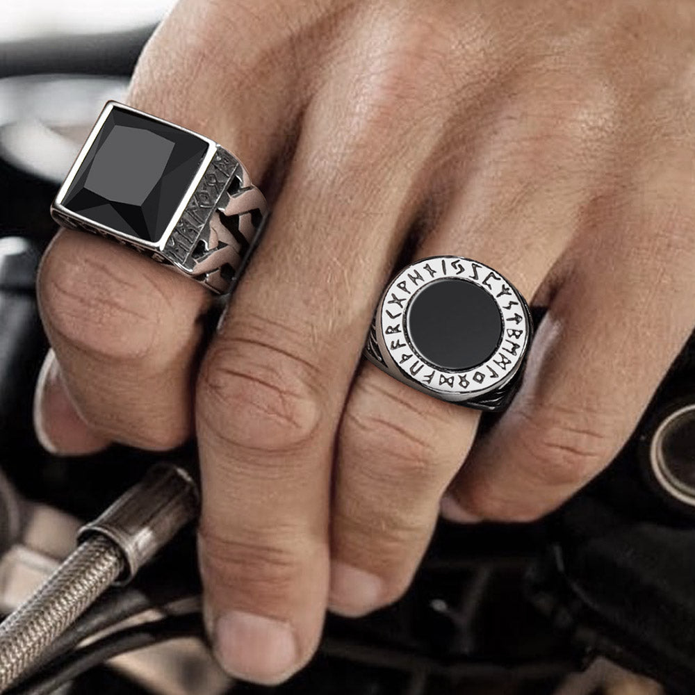 Black Onyx Signet Ring with Viking Runes for Men