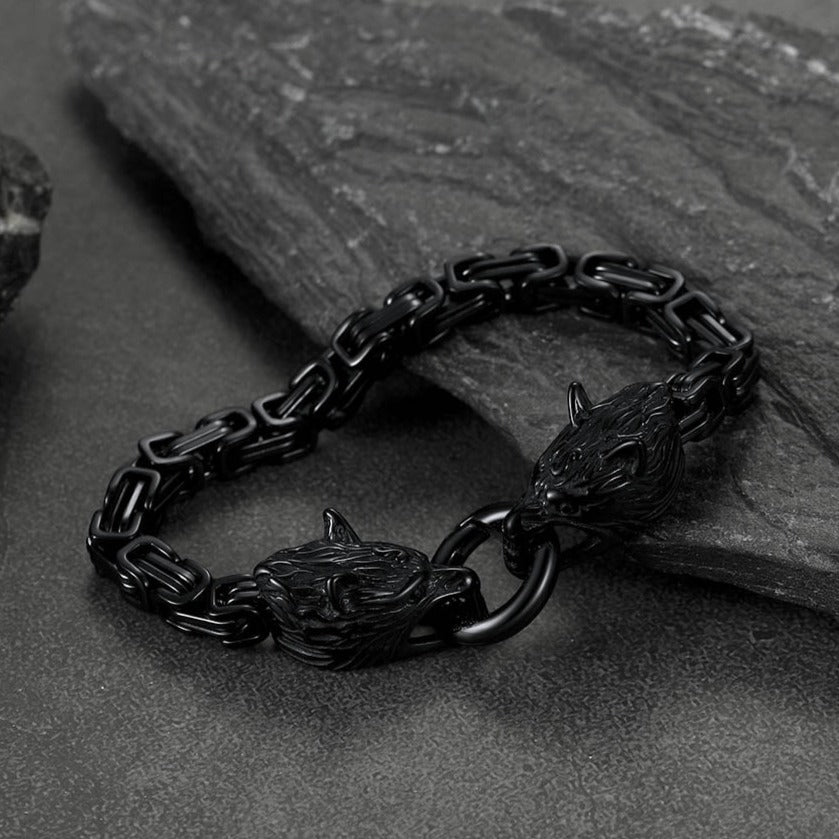 Viking Wolf Head Chain Bracelet Cuff Bangle Gift for Men