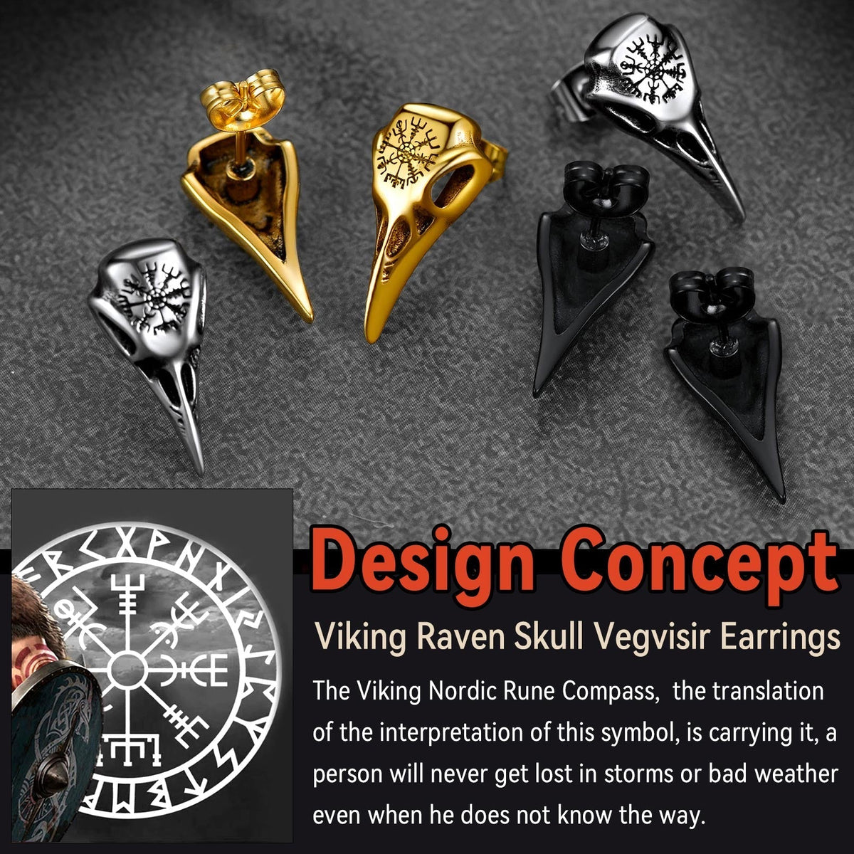 Viking Raven Skull Stud Earrings With Viking Vegvisir For Men Women