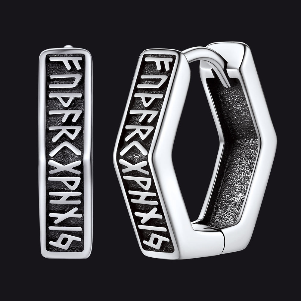 Viking Hexagon Runes Hoop Earrings For Men