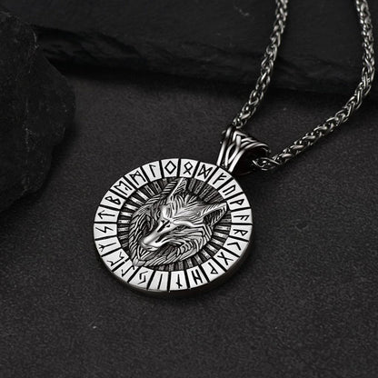 Norse Viking Rune Hoop Earrings & Wolf Medal Necklace Set For Men